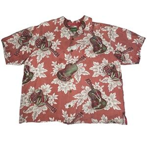 Tommy Bahama Mens XL Silk Ukulele Hibiscus Tropical Camp Shirt Coral Pink S/S‎